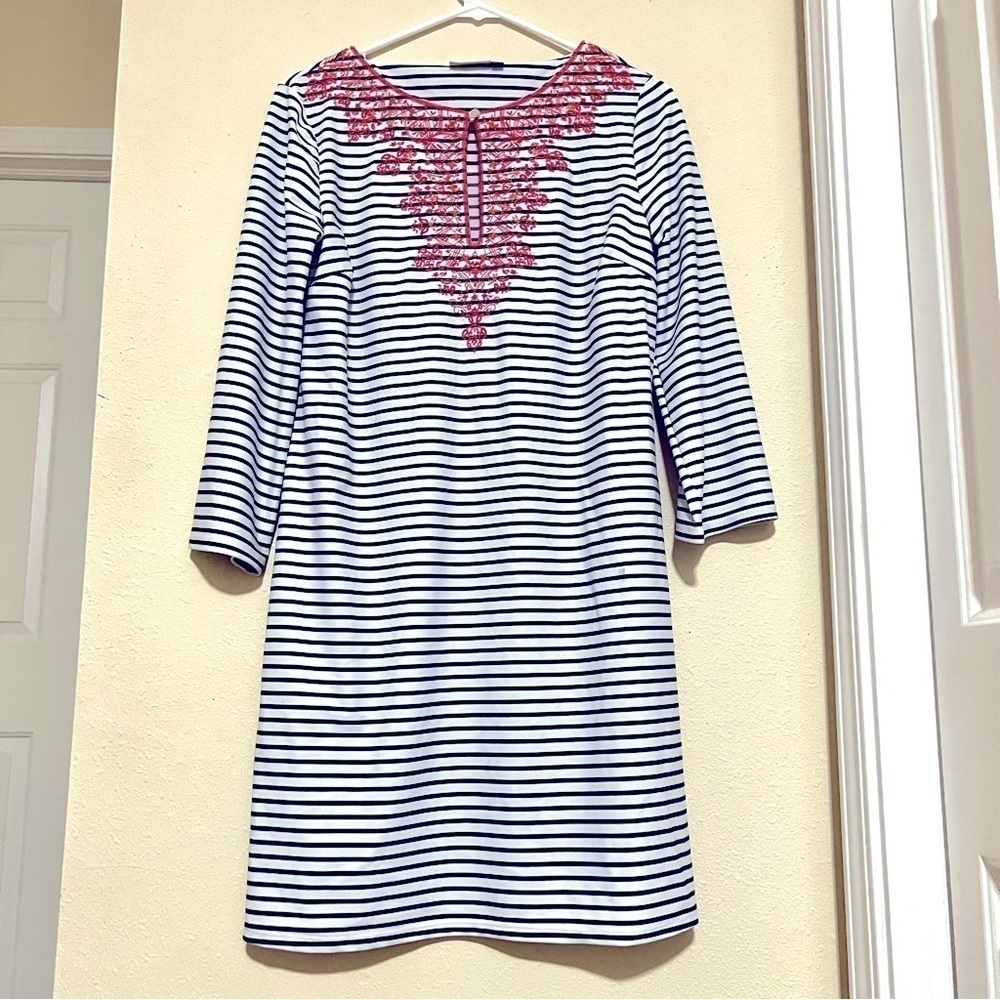 CABANA LIFE X TALBOTS embroidered Catalina cloth slinky dress Navy stripes S